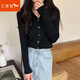 紅蜻蜓春秋薄短外套開(kāi)衫女秋季新款polo領(lǐng)毛衣長(zhǎng)袖針織開(kāi)衫打底上衣 黑色長(zhǎng)袖 均碼 【適合80-145斤】