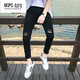 曙影破洞乞丐褲青少年學(xué)生個性彈力修身顯瘦小腳褲九分褲潮男生牛仔褲 黑色 常規(guī) 30