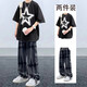 魯雅爾潮流套裝短袖t恤男夏季韓版ins半袖褲子一套衣服男寬松休閑兩件套 黑色短袖+黑色褲子 XL 【建議120-140斤】
