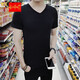 木子勝短袖t恤男裝韓版V領(lǐng)夏季上衣修身純色男士打底衫半袖潮 黑色 XL