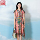 漁（FC SG）漁牌女裝連衣裙2023女新款夏開(kāi)扣印花雪紡過(guò)膝袖長(cháng)款裙子FGFB0017 粉橙 M