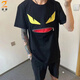 琉語(yǔ)2025惡魔小怪獸夏新款歐美潮牌寬松刺繡拉鏈短袖T恤男情侶半袖ins 黑色惡魔小怪獸款 XL 建議(120-130斤)