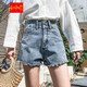 淺色牛仔短褲女夏新款高腰顯瘦寬松闊腿a字超短褲外穿熱褲潮 藍色 L