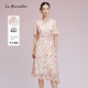 拉珂蒂（La Koradior）[100桑蠶絲]女時(shí)尚夏款法式V領(lǐng)印花真絲連衣裙 淡紅 L
