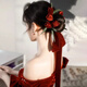 京禮京達新娘敬酒服頭飾女紅色訂婚禮服結婚發(fā)飾品中式秀禾2024新款郁金香 酒紅色套裝（4只郁金香+發(fā)帶）