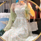 鳳蝶兒新款連衣裙早秋女裝韓版溫柔風(fēng)穿搭碎花吊帶裙兩件套套裝裙子女秋 開(kāi)衫+綠色吊帶裙 M(100-110)