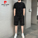 皮爾卡丹（pierre cardin）短袖T恤男夏季休閑短褲冰絲套裝潮流2023夏季新款迷彩夏裝兩件套 黑色 4XL