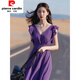 皮爾卡丹（pierre cardin）法式高端精致氣質(zhì)名媛女神范感超好看小香風(fēng)紫色雪紡連衣裙夏 紫色連衣裙 XL 115-125斤
