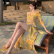 皮爾卡丹（pierre cardin）金黃色戰(zhàn)袍花卉法式風(fēng)情裹身度假長(zhǎng)裙純欲氛圍感海邊沙灘連衣裙子 黃色 XL 【116-125斤】