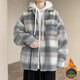 舉風(fēng)酒紅色小香風(fēng)格子外套男秋冬日系撞色寬松大碼夾克潮牌休閑上衣服 加厚 【升級款加棉加厚】迷霧灰 XL
