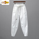 初徑純棉白色褲子女松緊腰寬松休閑褲2025春夏新款潮流束腳蘿卜哈倫褲 白色 無(wú)腰帶 M 建議85-105斤