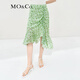 MO&Co.半身裙春夏法式碎花茶歇裙含桑蠶絲高腰抽褶摩安珂 白底綠印花 S 160