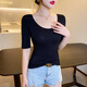 大圓領(lǐng)中袖t恤女雙U領(lǐng)修身低領(lǐng)打底衫莫代爾體恤上衣黑色半袖舞蹈 黑色【雙U領(lǐng)】 M【90-102斤】