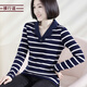 橫行道翻領(lǐng)條紋長(cháng)袖外穿T恤2026新款春裝簡(jiǎn)約V領(lǐng)打底衫套頭女上衣小衫 藍大白小 3XL
