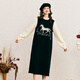 兩三事針織連衣裙女2025春季新款假兩件長(cháng)袖裙子長(cháng)裙梵高馭夢(mèng)云端 黑色-y S