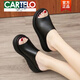 卡帝樂鱷魚（CARTELO）真皮涼拖鞋女2025夏季厚底舒適坡跟復(fù)古風(fēng)外穿拖鞋 黑色 37