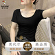 啄木鳥莫代爾雙U領(lǐng)短袖t恤女裝2025夏季薄款冰絲低領(lǐng)緊身上衣半袖體恤 黑色 M 【建議95-110斤】