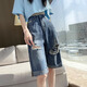 茹軒破洞牛仔短褲女2023年新款夏季薄款褲子高腰寬松直筒卷邊五分中褲 藍色【破洞卷邊2712款】 28