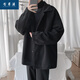 型男港免燙毛呢大衣男秋冬加厚呢子夾克港風(fēng)韓版學(xué)生大碼寬松保暖外套 黑色 M