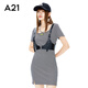 A21女裝時(shí)尚新品設計感方領(lǐng)條紋裙擺開(kāi)叉連衣裙短袖休閑顯瘦短裙 黑色 M