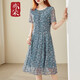 亦朵雪紡連衣裙女裝遮肚顯瘦碎花裙印花a字裙夏 藍色 XXL