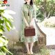 皮爾卡丹（pierre cardin）中年婦女連衣裙高檔夏季苧麻日常復(fù)古改良旗袍寬松文藝棉麻印花減 綠色 L【120-135斤】