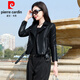 皮爾卡丹（pierre cardin）皮衣外套女2026春秋季新款時(shí)尚機車(chē)小個(gè)子小皮衣夾克上衣針織 黑色 尺碼偏小 XL 100-110斤