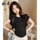 嫻柔不規則正肩短袖t恤女夏設計感弧形下擺抽褶辣妹緊身短款女裝上衣 黑色【褶皺款】 卡碼拍大 L 【100-110斤】