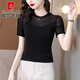 皮爾卡丹（pierre cardin）黑色蕾絲網(wǎng)紗短*袖T恤女夏季2025新款時(shí)尚小衫夏裝遮肚子上衣 黑色 2XL [126-140斤]