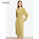 AMII女裝2026春季新款優(yōu)雅通勤V領(lǐng)扭結綁帶連衣裙女小黑裙心 深芥綠 XL 170/92A