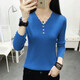 玖卡依針織衫女v領(lǐng)新款秋冬長(cháng)袖打底衫女韓版修身顯瘦純色毛衣內搭上衣 藍色 2XL 建議130-145斤