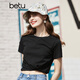 betu百圖女裝簡(jiǎn)約圓領(lǐng)純色百搭短袖T恤女JD2103T04 黑色 M