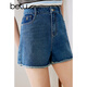 百圖betu女裝夏季新款牛仔褲高腰毛邊牛仔顯瘦A字短褲女2404T72 牛仔色 S