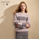 三彩三彩2024冬季新款亮絲條紋毛衣圓領(lǐng)針織衫落肩袖寬松毛衫套頭女