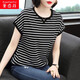 萱戀菲條紋t恤女含棉夏裝短袖寬松女裝夏季2023新款中年女裝寬松上衣 903黑底白條 L 建議90-1050斤
