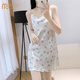 莫代爾睡衣性感方便房事女火辣夏季冰絲清新印花吊帶睡裙短裙包臀裙戰(zhàn)袍 藍(lán)色百合 XL 115-135斤