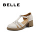 百麗（Belle）時尚編織羅馬鞋女粗跟增高豬籠涼鞋B7W1DCL4 米色 37 (235mm)