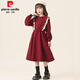 皮爾卡丹（pierre cardin）少女學(xué)院風(fēng)裙子秋冬韓版收腰兒童長(cháng)袖連衣裙氣質(zhì)顯瘦長(cháng)裙學(xué)生女裝 紅色 150 cm(150cm)