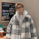 凰梡美式假兩件格紋外套男款秋冬季新款國潮加厚保暖復古毛呢連帽大衣 710淺灰色 常規 XL