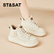 星期六加絨休閑鞋女厚底百搭高幫板鞋增高保暖舒適日常小白鞋 米白 36 