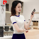 皮爾卡丹（pierre cardin）冰絲短袖女拼色針織上衣夏裝t恤女短款修身矮個(gè)子圓領(lǐng)打底衫薄款 白色深藍邊 M:建議90-100斤