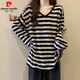 皮爾卡丹（pierre cardin）中長(cháng)款t恤條紋v領(lǐng)女大·碼胖m·m遮肚子巨顯瘦寬松慵懶風(fēng)長(cháng)袖打底 圖片色 XL 建議110-125斤