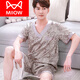 貓人（MiiOW）男士夏季真絲睡衣女短袖短褲夏天V領(lǐng)冰感綢家居服青年款加大碼套 短袖 V領(lǐng)銀色花草 3XL