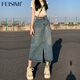 FEISIMI輕奢品牌牛仔半身裙女2025新款夏季包臀梨形夏天女裝衣服a字裙子 復(fù)古藍開叉裙 L