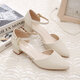 包頭涼鞋女中粗跟夏季新款尖頭百搭真皮一字扣中空單鞋女 米白色 37