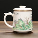 君肴 羊脂玉白瓷茶杯茶水分離陶瓷水杯辦公杯大容量帶蓋帶過(guò)濾辦公室杯子馬克杯家用情侶杯定制玉瓷主人杯 只此青綠-茶水分離-三件套