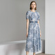 顏域印花短袖連衣裙女裝2024新款夏裝復古通勤藍色中長(cháng)款圓領(lǐng)裙子 藍花 XXL/44