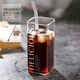 禾艾蘇（heisou）  家用方形玻璃水杯ins風(fēng)早餐杯牛奶杯飲料咖啡杯高顏值創(chuàng)意杯子 吸管+勺子+DELICIOUS高款- 400ml