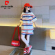 皮爾卡丹（pierre cardin）女童運動套裝夏季2025新款兒童洋氣夏裝女大童短袖短褲休閑兩件套 條紋套裝 150cm