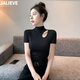 嘉麗薇短袖t恤女夏2025新款黑色韓版鏤空半高領(lǐng)t恤女正肩小個子緊身上衣 黑色【半高領(lǐng)鏤空】 XL ( 114-125斤 )